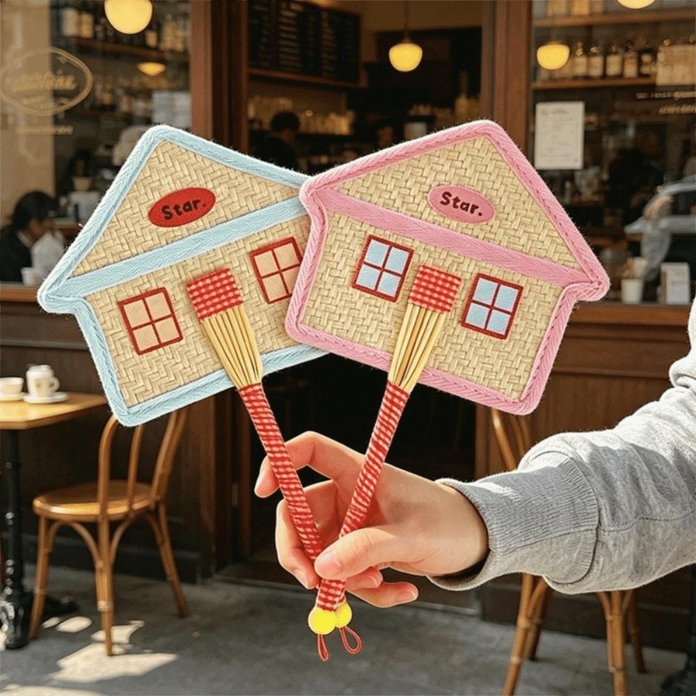 Portable Cartoon House Shape Fan Handcrafted Handwoven Handheld Cooling Fan Summer Daily Cooling
