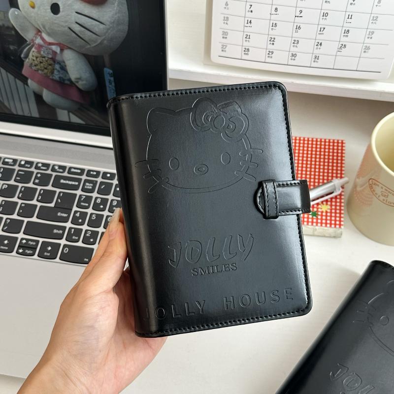 Kawaii Kitty A7 Retro Small Notebook Black Faux Leather Binder Portable Diary Set With Card Holder Student Stationery Supplies