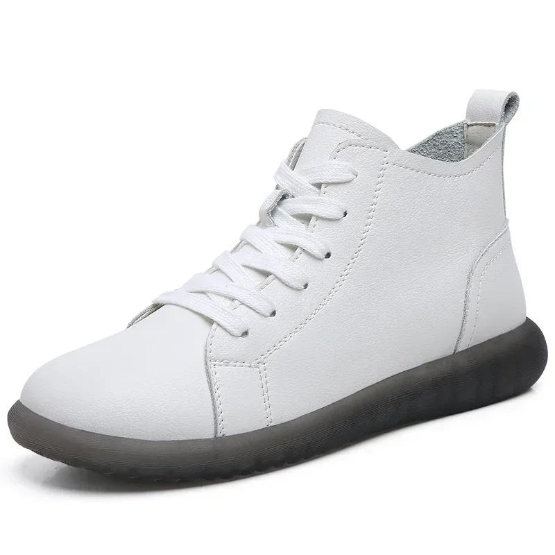 High Top Fashion Sneakers Ladies Non-Slip Lace Up Walking Boots High Quality Genuine Leather Waterproof Casual Shoes Women Soft