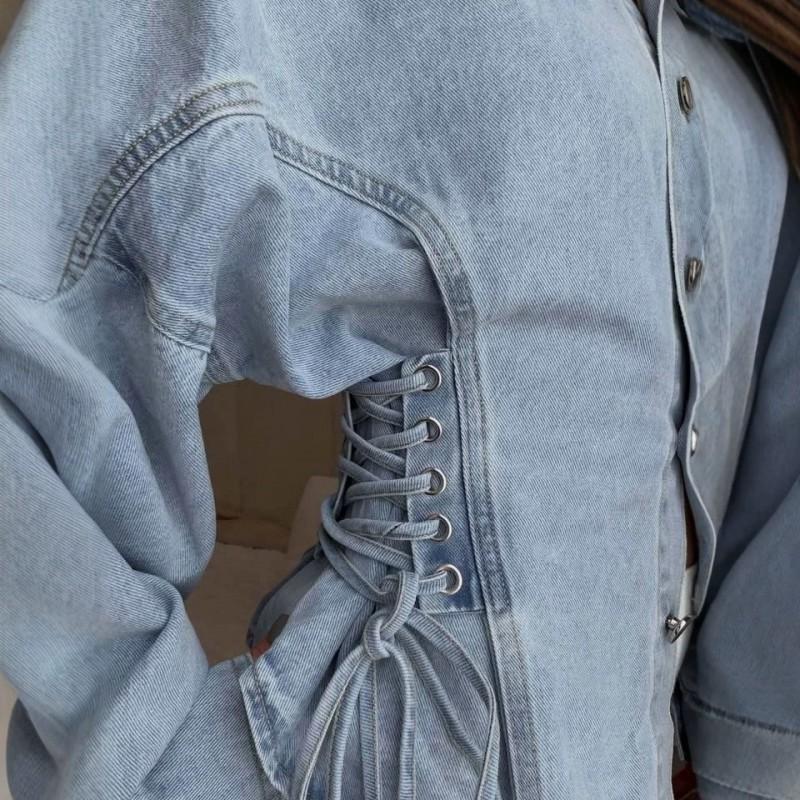 Slim Fit Drawstring Waist Denim Shirt Jacket Long Sleeve Office Chic Casual Wear Women 2026