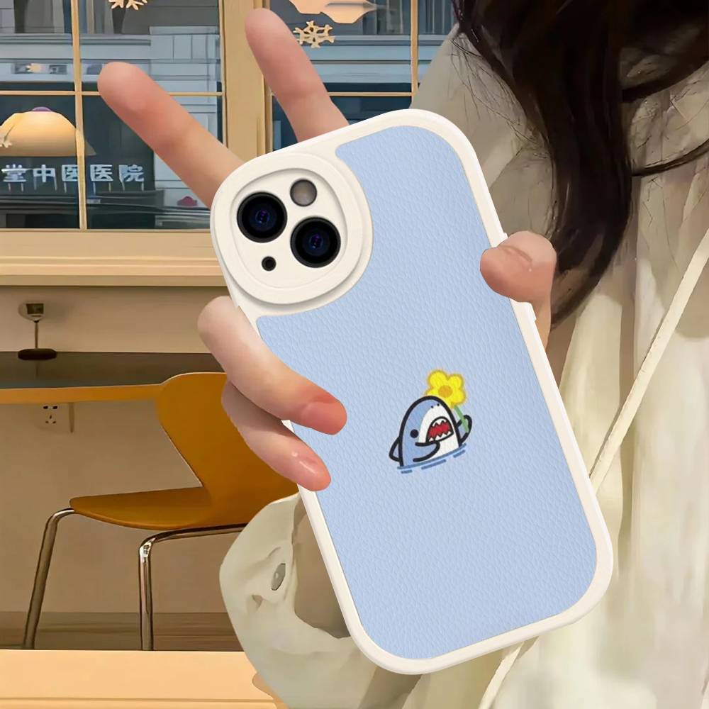 Cute anime Shark Leather Phone Case For iPhone 16 15 14 17 Pro Max 11 12 Mini Plus Soft Shell