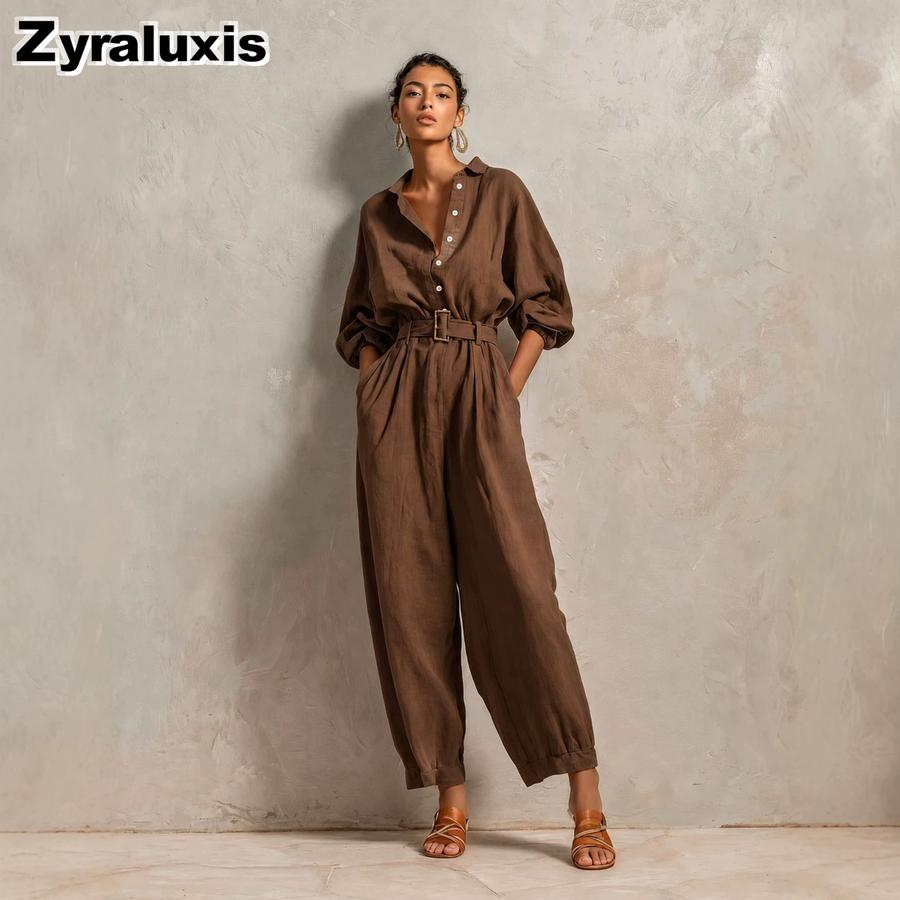 Autumn New Arrivals Women's Linen Casual Long Sleeve Jumpsuit