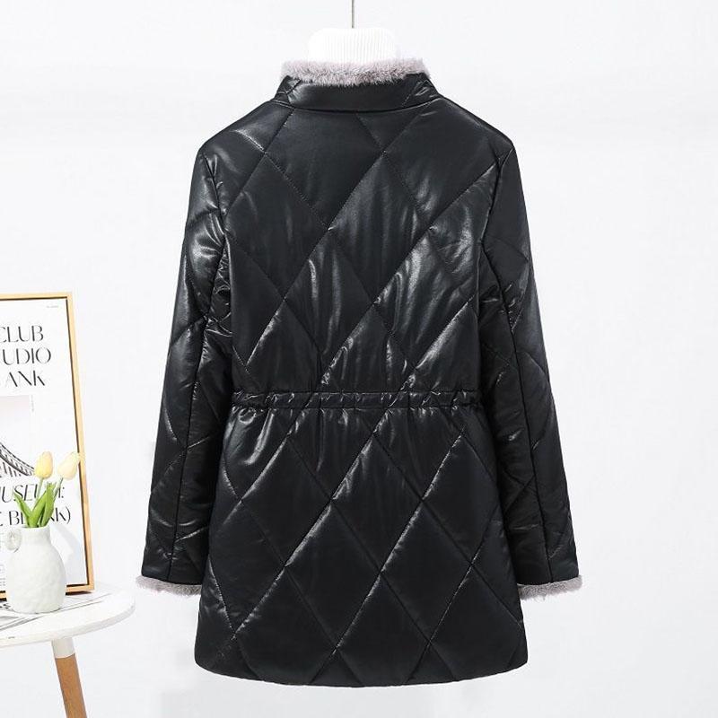 Winter Women's Thickened  Padded Jacket Stand Collar Slim Fit Padded PU Leather Coat