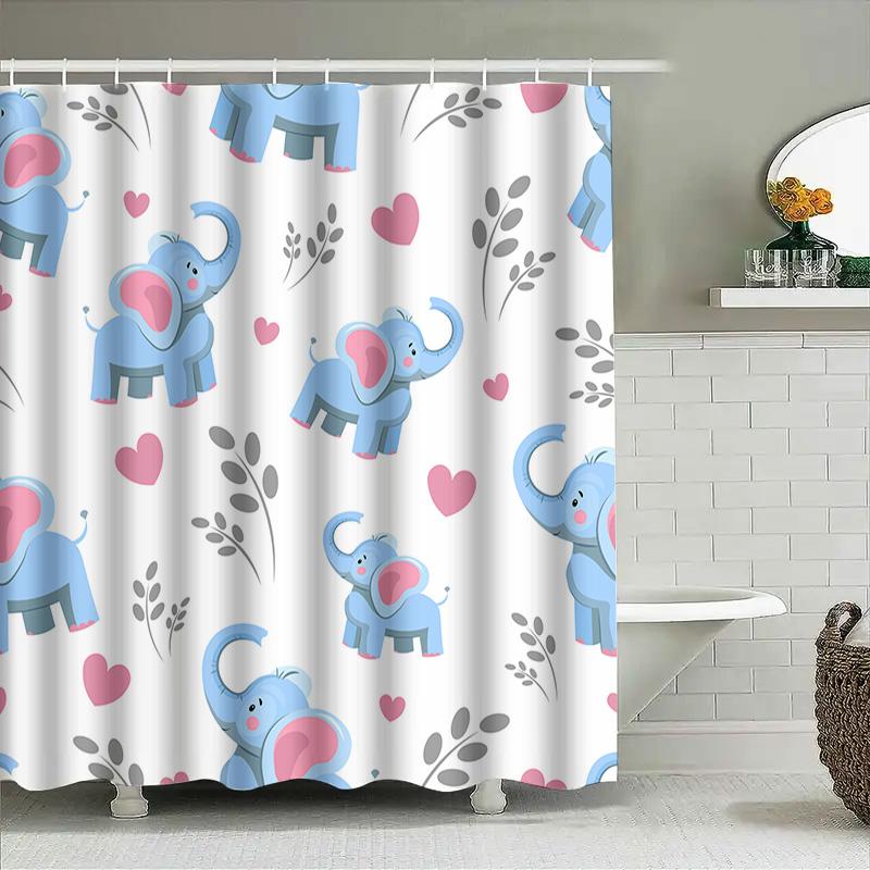 Blue Elephant Shower Curtain Children'S Bath Decor Cute Heart Leaves Pattern For Bathroom Decoration (White)