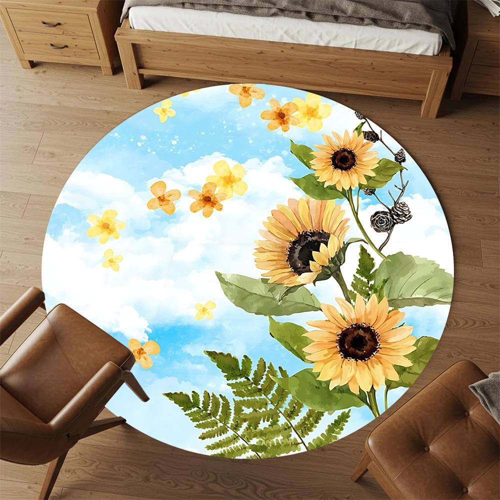 1pc Sunflower Clouds Round Chair Mat Area Rug - Non-Slip, Floor Mat for Office, Bedroom, and Indoor Decor C1125565