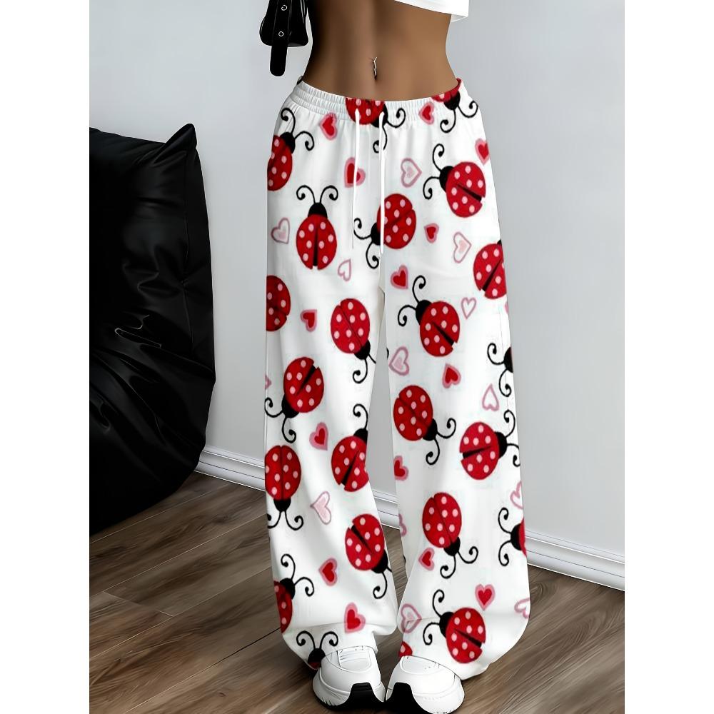 Women's Wide-leg Pants with Ladybug Print, Designed As a Casual, Comfortable Loose Fit with Heart Patterns