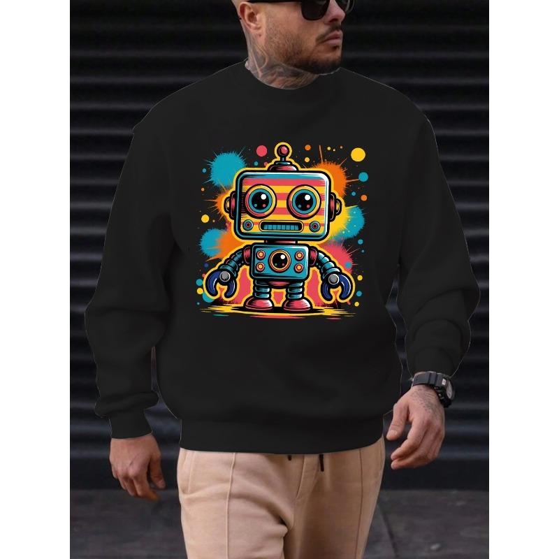 Print Round-Neck Sweatshirt With Retro Robot Print, Casual Daily Style.