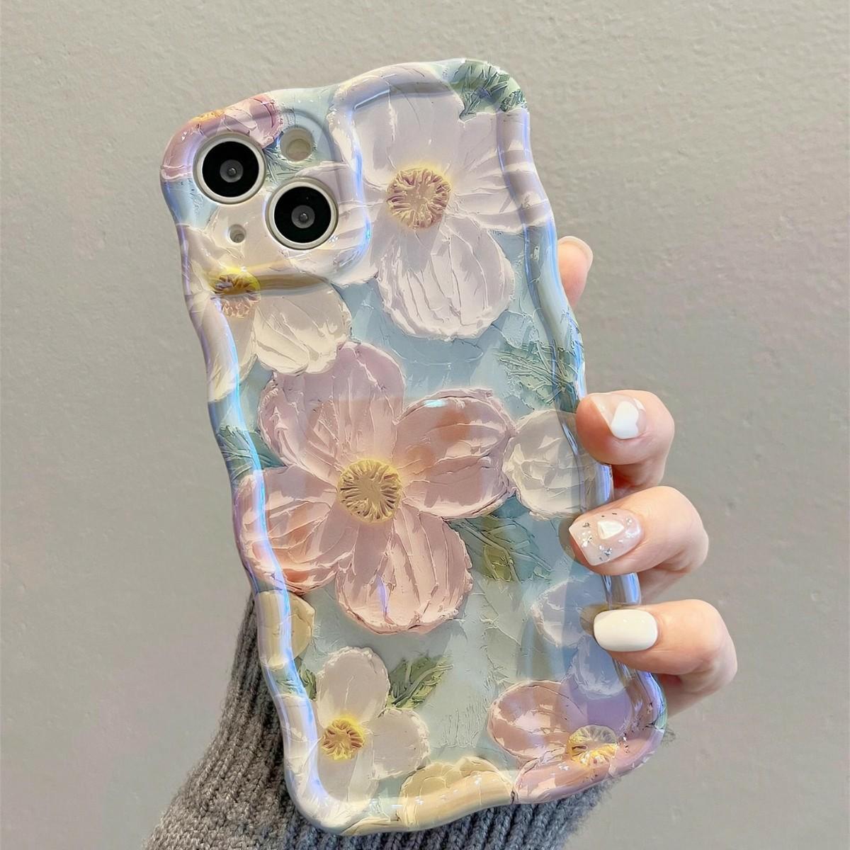 

For iPhone 13 Case Oil Painting Flower Pattern TPU Phone Cover with Curly Wave Frame A
