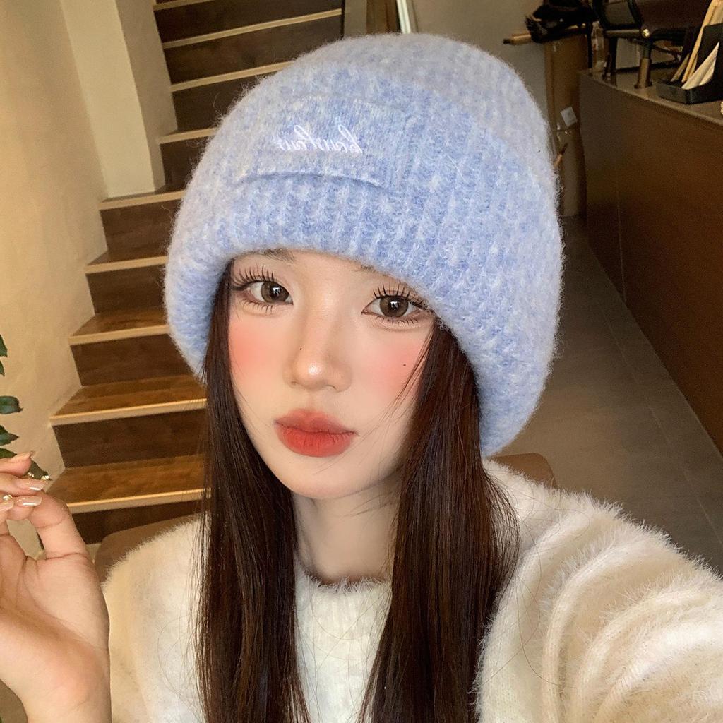 Big Head Circumference Blue Knitted Wool Hat Women's Autumn and Winter Thickened Warm Headgear, Cold-proof and Small-faced Ear Protection Hat