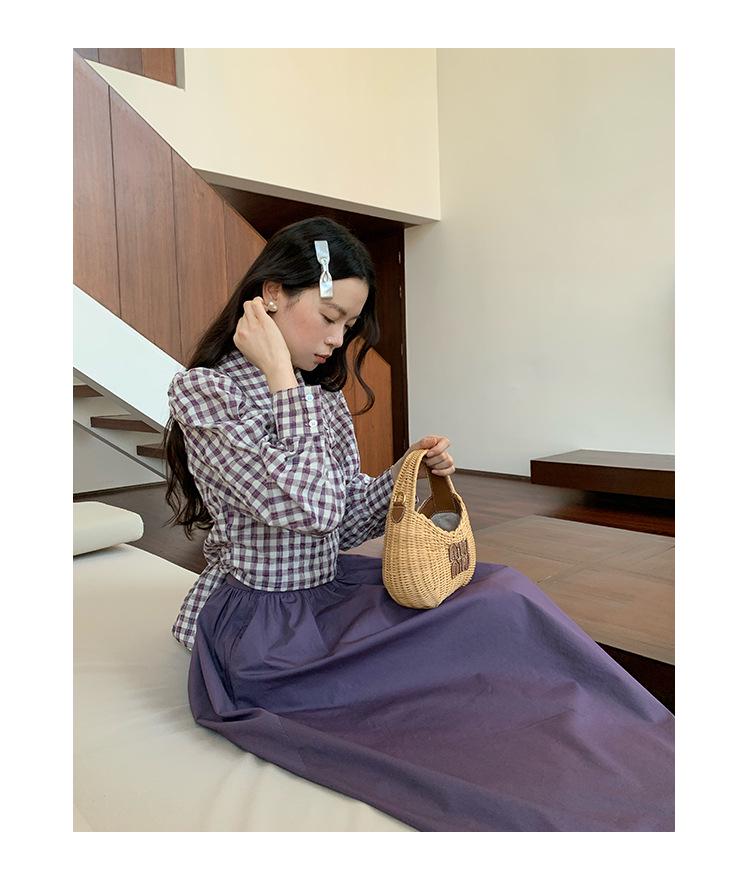 Interpret Beauty 2025 Early Spring French Retro Gingham Puff Sleeve Tie-Waist Women's Shirt