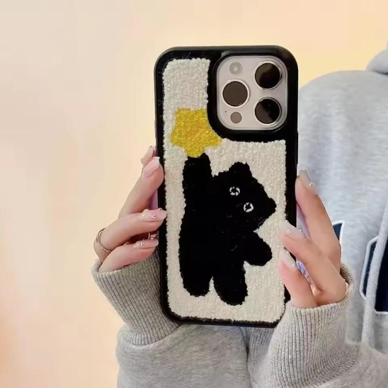 

Зимовий Чорний Мультяшний Плюшевий Чохол для Телефону iPhone 14 13 12 11 15 16 Pro Max Тепла Тканина Хутро Ударостійкий М який ТПУ Покриття iPhone 11