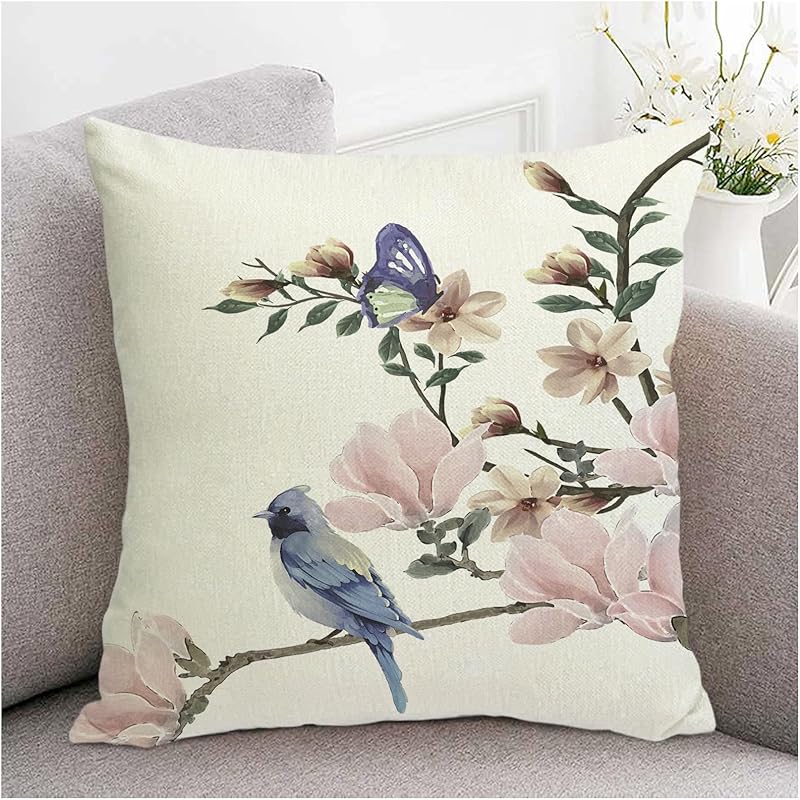 Bird Flower Decorative Pillow Covers 18x18 Linen Outdoor Square Pillow Case Cushion Cover for Sofa Couch Bedroom