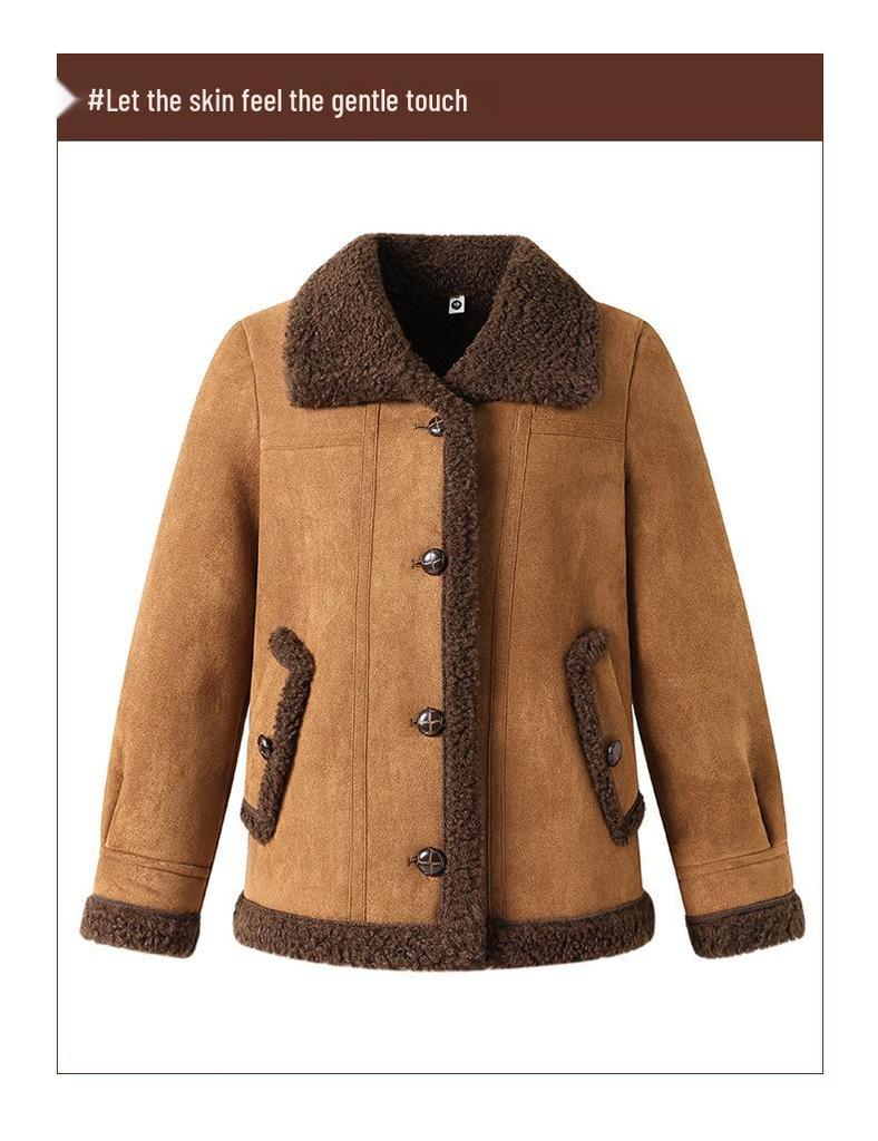 Petite Women's Lambswool Jacket for Mid-Aged & Elderly: Autumn/Winter Leather & Fur, Thick Plain Top