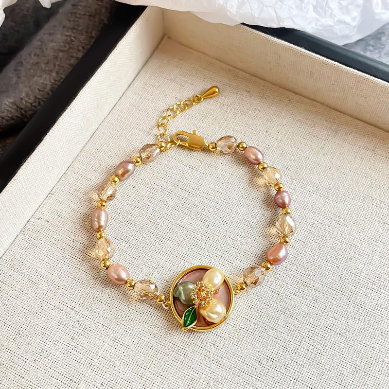 Handmade Floral Pearl Bracelet Women With Freshwater 18K Gold Plated Alloy Sweet Elegant Jewelry Accessory