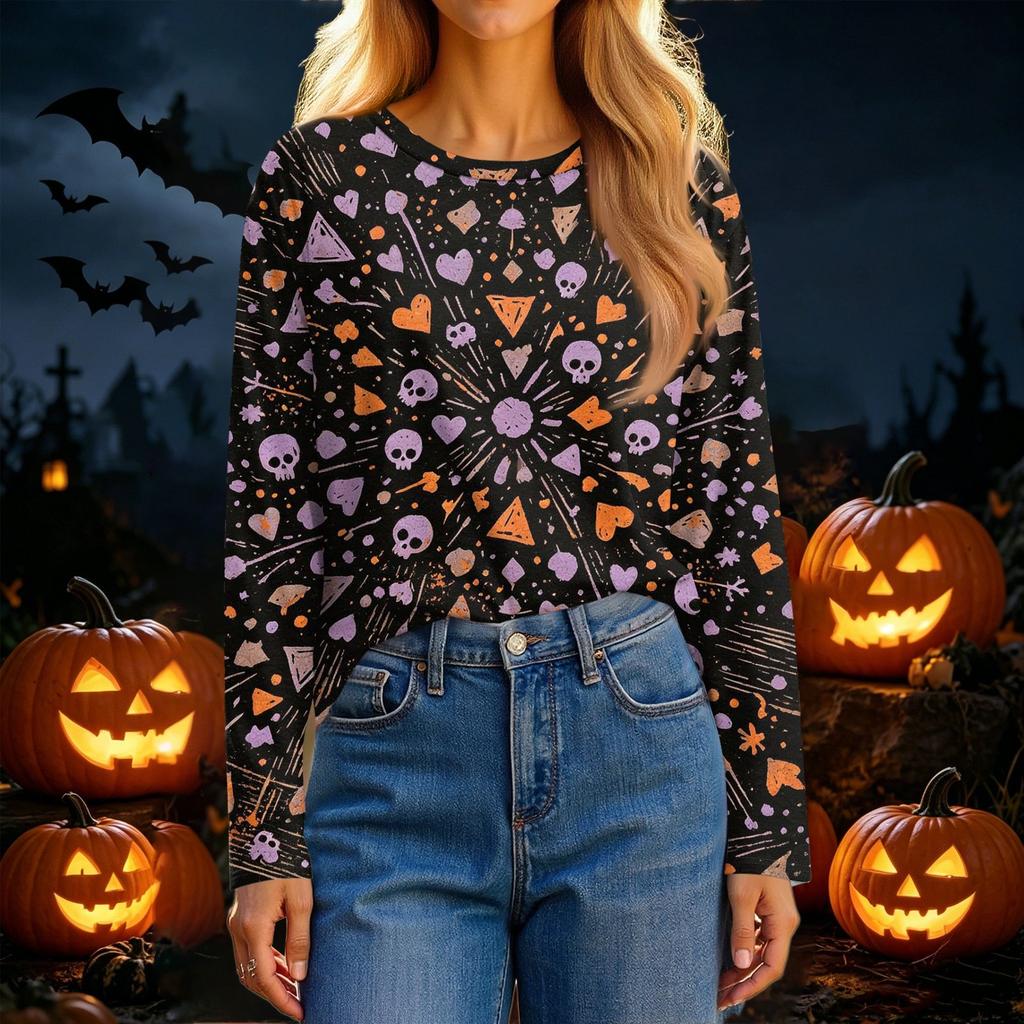 Women's Casual Long Sleeve Halloween Print Round Neck T-Shirt
