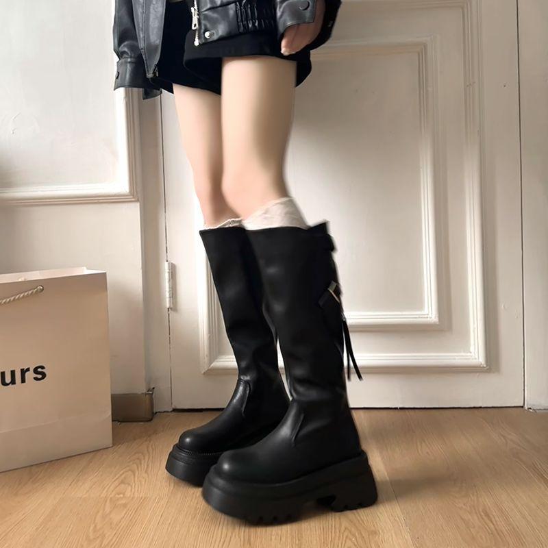 Small thick-legged and thin thick-soled women's boots with belt buckle 2025 autumn and winter retro tall retro knight boots
