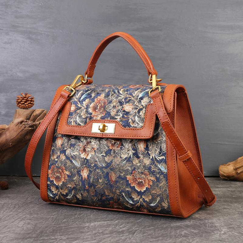 

New Retro Floral Embroidery Handbag with Leather Stitching, Elegant Commuter Women s Bag, Single Shoulder Diagonal Cross Kelly Bag коричневый
