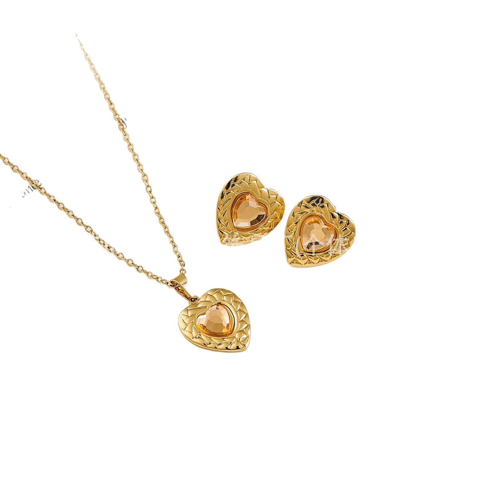 Heart-shaped Zirconia Water Drop Stud Earrings & Necklace Set - Retro Style, 2025 Autumn/Winter Collection Style 3