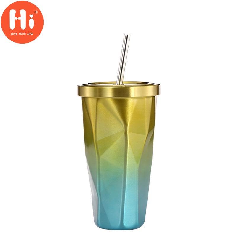 Hi Sticla de cafea din oțel inoxidabil 304 cu perete dublu de 500 ml, cu paie, ceașcă de bere rece cu pahar
