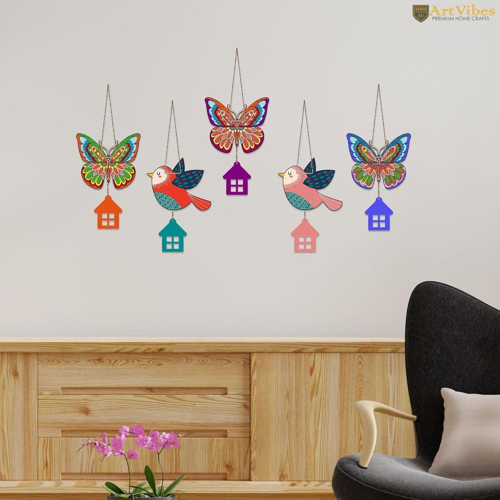 Multicolored Butterfly & Birds Wooden Wall Hanging for Home Decoration | Office | Cafe | Decorative Door Hanging | Pack of 5
