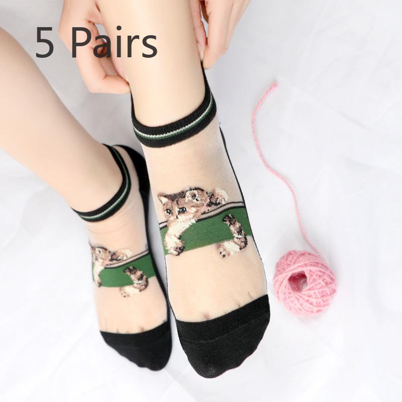5 Pairs of Ladies Spring and Summer Thin Lovely Crystal Silk Transparent Socks