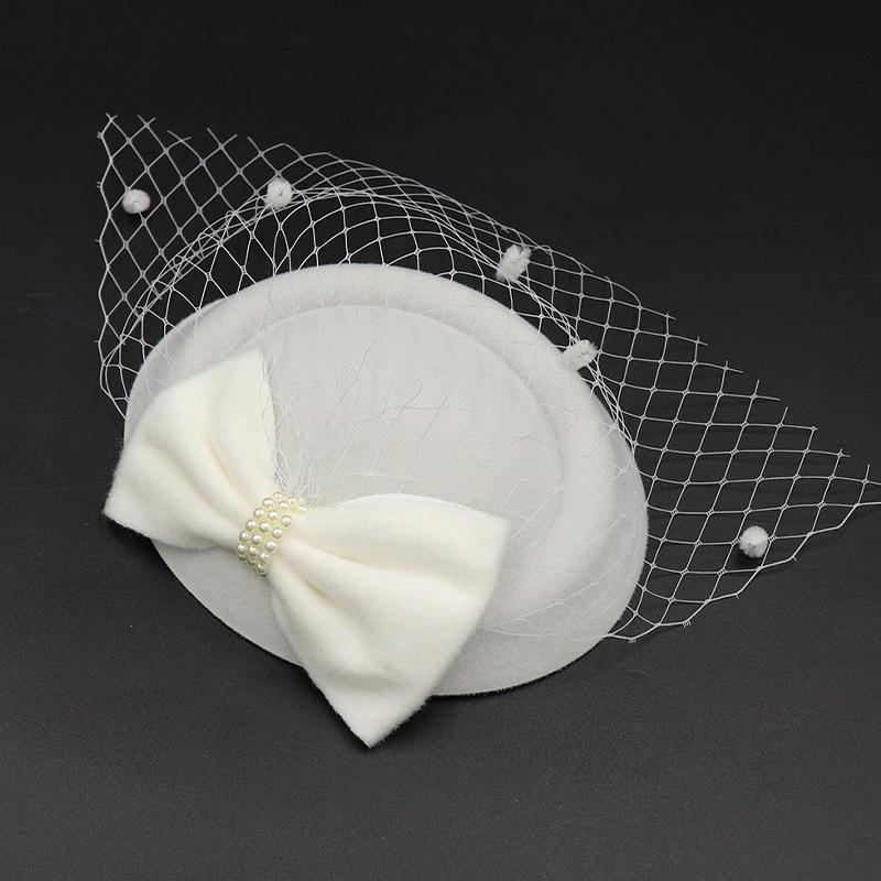 Black Mesh Headdress Stewardess Hat French Temperament Pearl Bow Hair Clip For Women