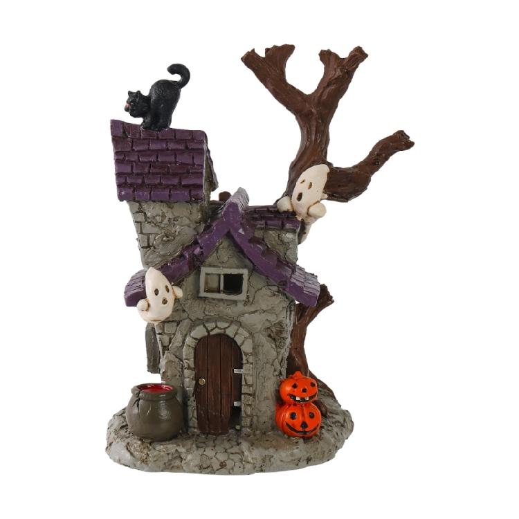 Resin Ghostly Town Haunted Houses Halloween Decorations Lighted Halloween Village Houses with LED Light for Table Desk
