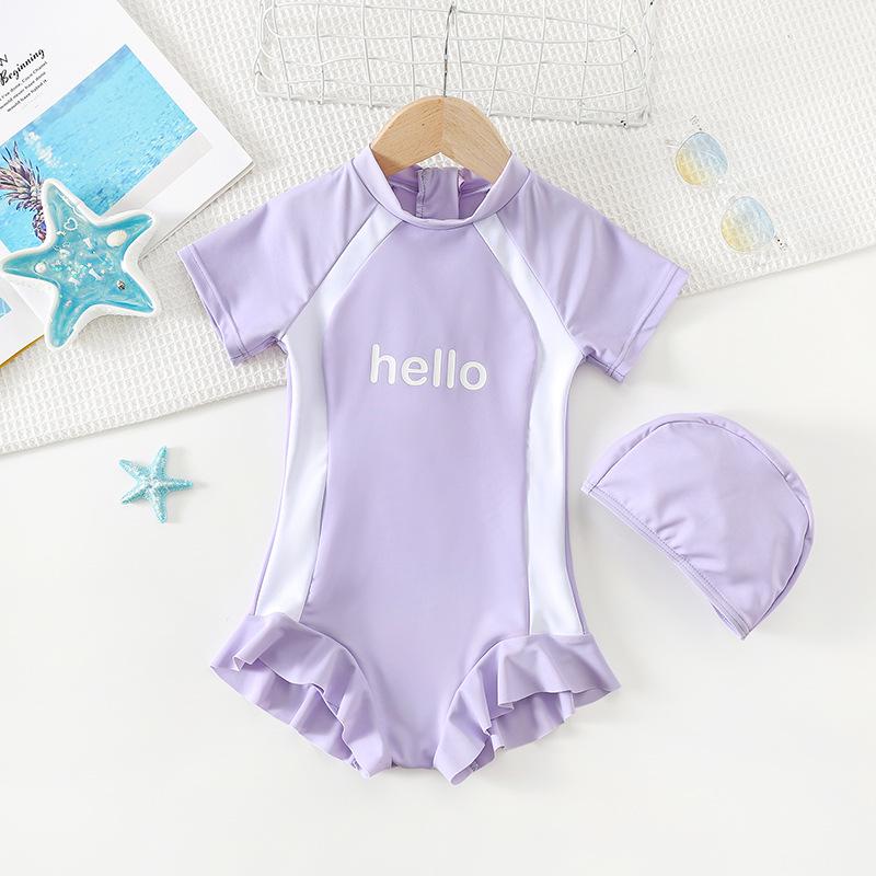 In Stock: New Girls  Quick-Drying Short Sleeve One-Piece Swimsuit with Sun Protection 90