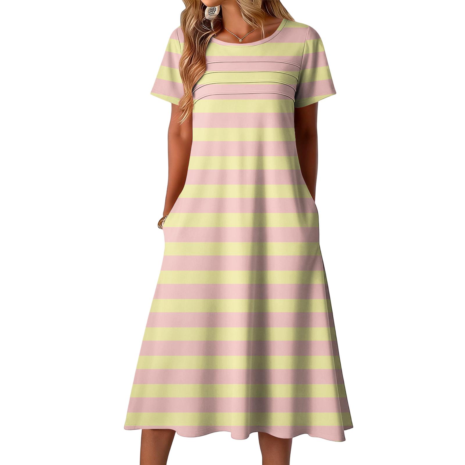 Ladies  striped printed casual and fashionable short sleeved round neck dress XXL