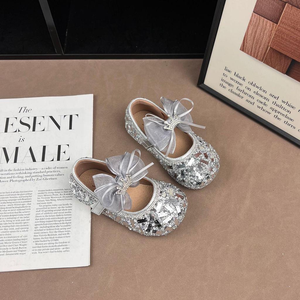 Girls' Sequin Bow Princess Shoes: 2026 Spring/Autumn, Non-Slip, Thin Sole Flats for Little Girls