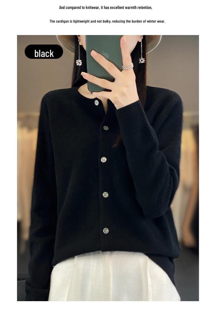 Korean Style Loose Wool Cardigan for Women - 100% Pure Wool, Fine Knit, Round Neck Sweater