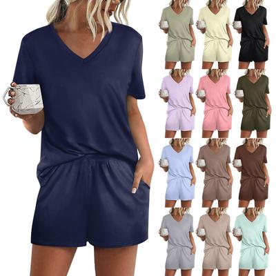 Damen V-Ausschnitt Kurzarm Shorts Bedrucktes Pyjama-Set Hauskleidung