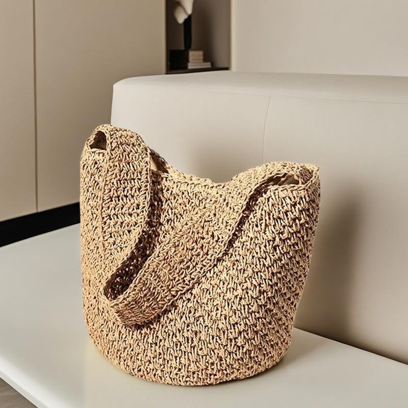 Korean Single-shoulder Large-capacity Straw Woven Bag Hand-woven Bucket Casual Beach All-matching Fashionable Handbag 20x20x30cm