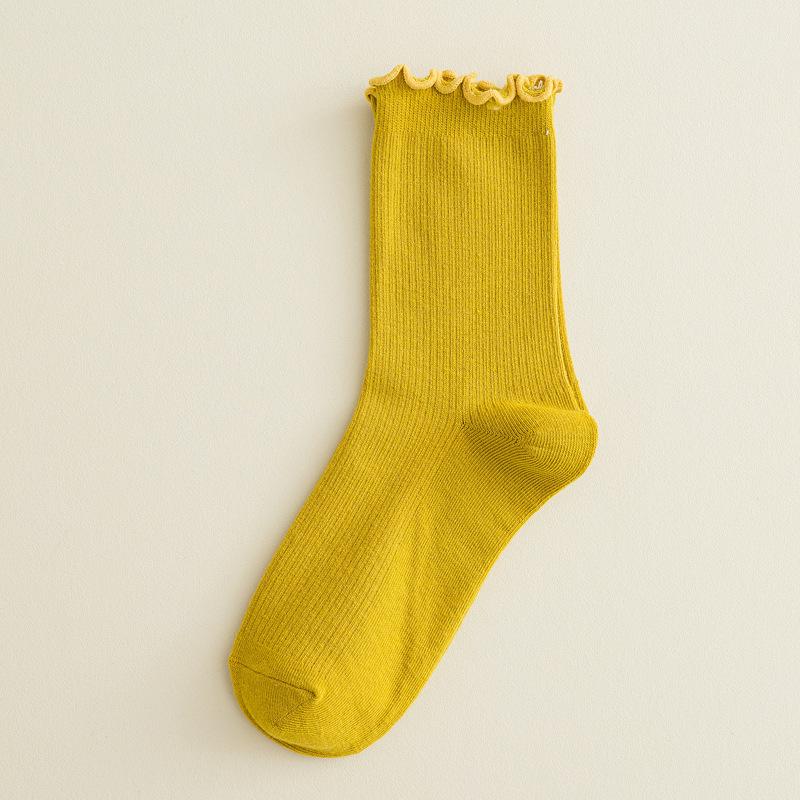 Women's Japanese Style Black Lace-Trimmed Mid-Calf Cotton Socks - Cute Slouchy Autumn/Winter Solid Color Trendy Long Socks.