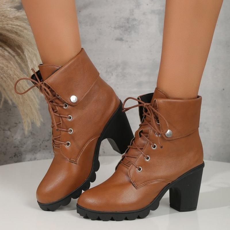 Women's Low Boots Autumn and Winter New European and American Foreign Trade Large Size Short Boots High Heel Round Head Lace Up Thick Heel