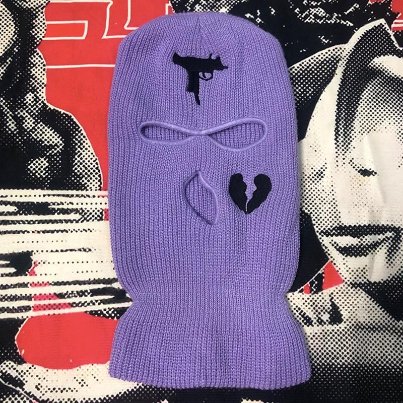 3-Hole Solid Color Embroidered Balaclava Knit Hat Face Mask Neck Gaiter Windproof Warm for Spring Fall Winter Daily Wear