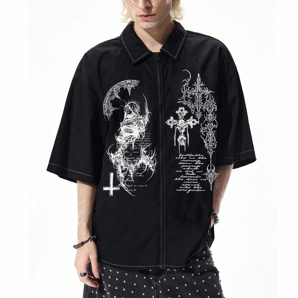 Gothic Saint Cross Print Zip-Up Short Sleeve Shirt