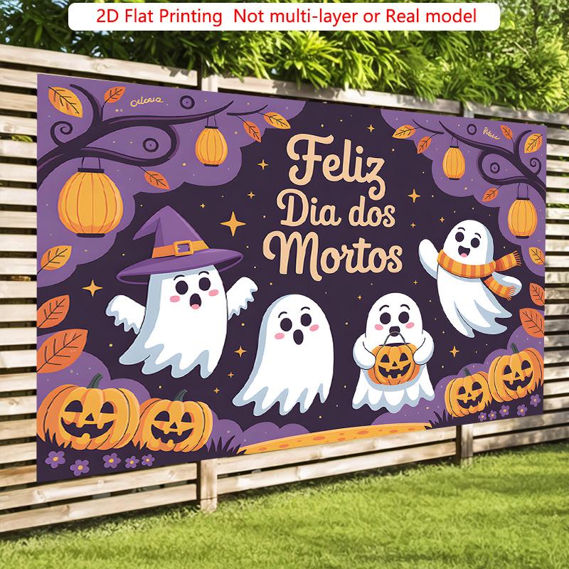 Party Backdrop Halloween Purple Flat Cute Ghosts Pumpkins Celebration Photo Booth Party Decor