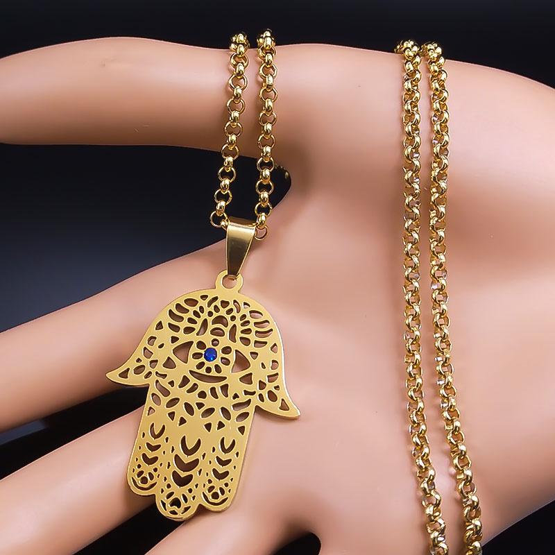 Islamic Hand of Fatima and Evil Eye Pendant Necklace Stainless Steel Blue Crystal Hamsa Hand Necklaces Islam Woman Jewelry Gifts