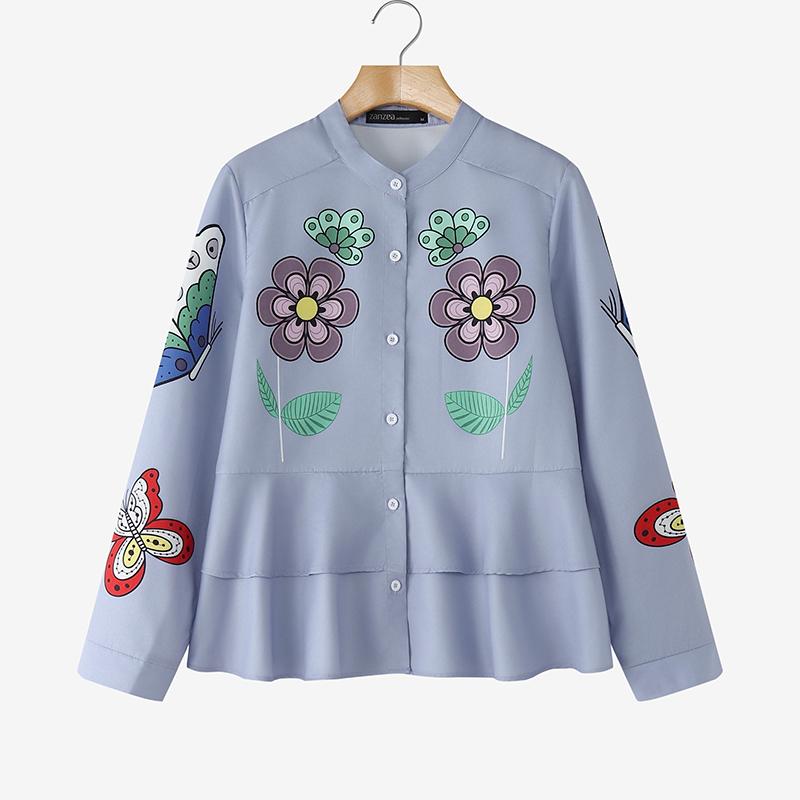 

ZANZEA Женская повседневная блузка с круглым вырезом, цветочным принтом, свободного кроя, с длинным рукавом синий