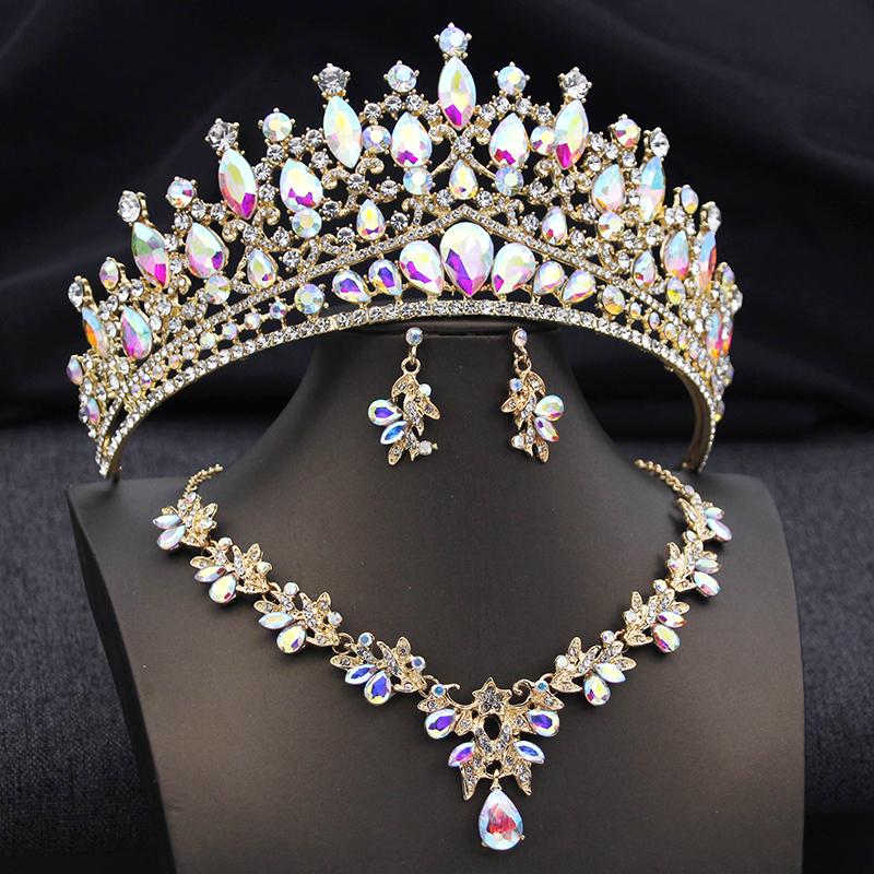 3 Pcs Wedding Crown Bridal Jewelry Sets for Women AB Tiaras and necklace earrings Prom Birthday Bride Tiaras and Crowns Set
