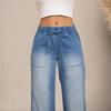 2026 Fall New Women's Denim Pants with Drawstring Elastic Waist, Straight-Leg Fashionable Wide-Leg Denim Trousers
