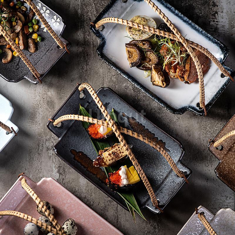 Japanese Ceramic Cuisine Tianfu Fried Dish plate with handle Handheld Dish Hanging Fruit sushi Dim sum Hotpot Vegetable tray