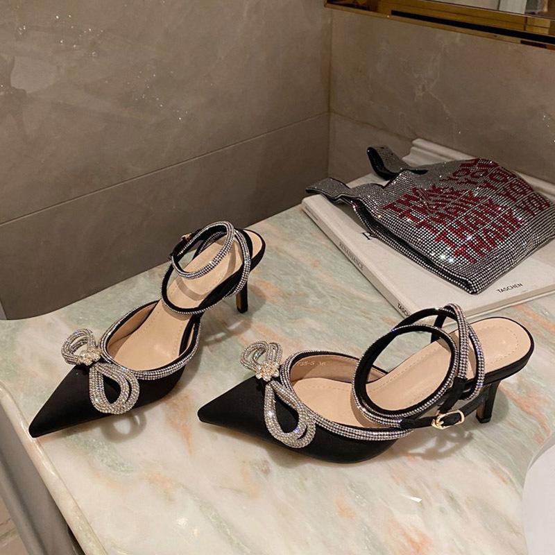 Sandals New Women's Rhinestone Bow Women's Shoes Thin Heel Bag Head French Beautiful Cool High Heels