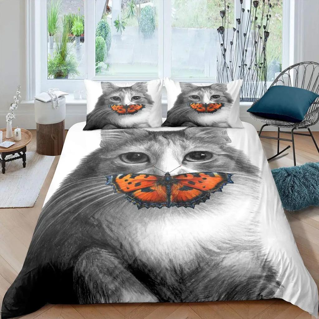 Pisică albă, flori, rege, husă de pilotă, set de pat pentru pisici