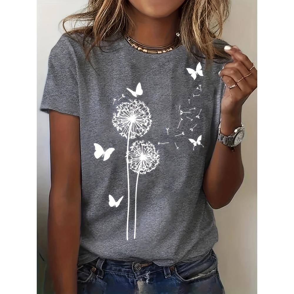 Women s Casual Dandelion and Butterfly Print T-Shirt- Soft Round Neck Short Sleeve Stretch Fabric Top Dandelion Pattern S