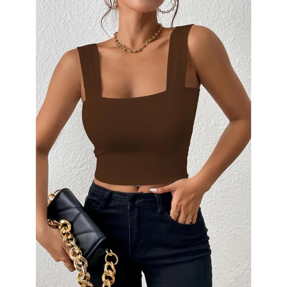 Tanktop met vierkante hals, brede schouderbanden, crop tops, dames, zomer, camis, effen kleur, hemdje, mode, buis, vrouwelijk, mouwloos, cropped vest, Y2K-kleding