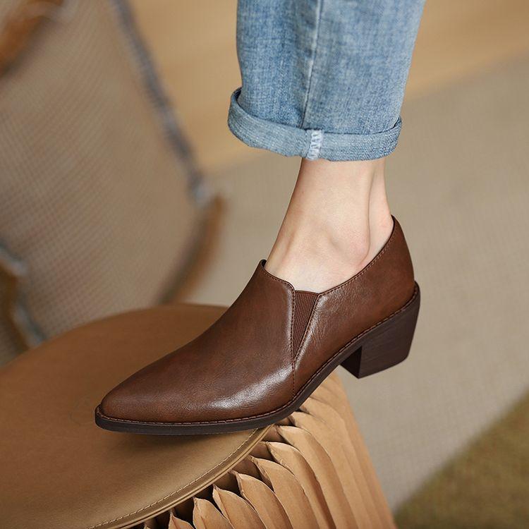 

Fashion NEW Spring/Autumn Women Pumps Pointed Toe Chunky Heel Shoes Concise Split Leather Shoes for Women Slip-on Handmade Women Shoes 34