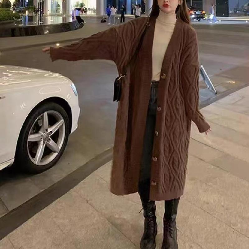 

кардиган-жакет женский осенне-зимний длиной до колена, вязаный свитер с косами, новый, свободный и утолщенный, верхняя одежда, трикотажный свитер average size