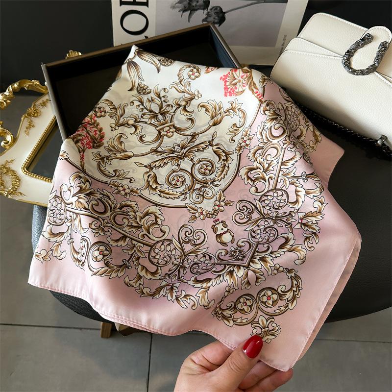 Spring/Summer New70*70cm Square Scarf Breathable Flower  Print Neckerchief Women’s Classical Imitation Silk Bandannas